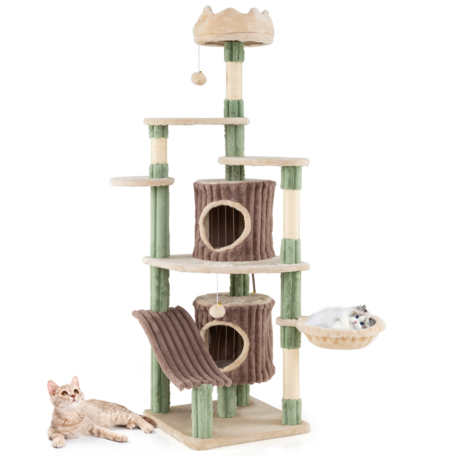Image of Large Cat Tree For Indoor Kittens, 163cm Tall Kitty Tower W/ 2 Condos, Plush Perch, Slide Style Platform, Versatile Pet Furniture Activity Center