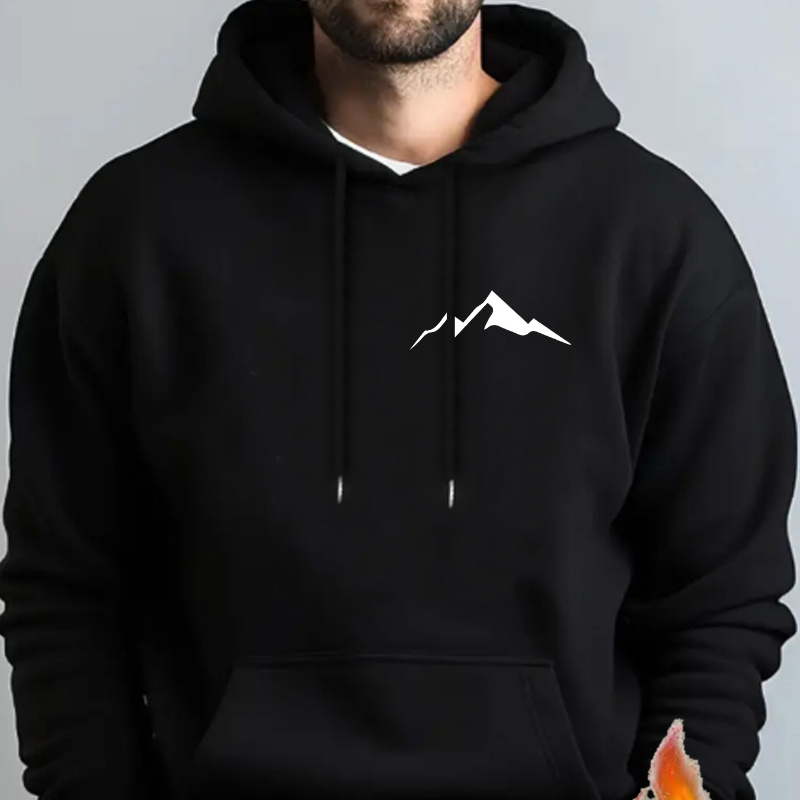 

Men's Cozy Fleece-lined Hoodie With Mountain Print & Kangaroo Pocket - Casual Pullover Sweatshirt, Long Sleeve, Polyester , Machine Washable - Fall/winter