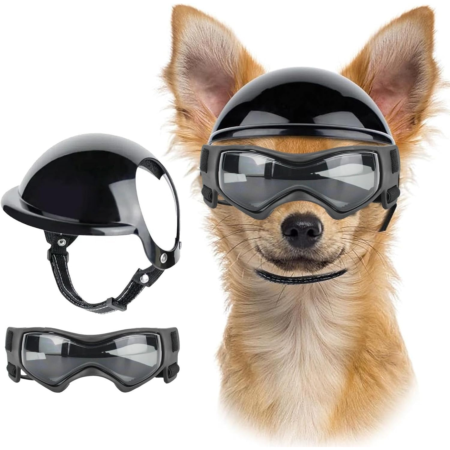 TEMU Ensemble 2 pièces : Lunettes de pour chien et casque pour animal de compagnie, lunettes de mode pour chien avec chapeau, lunettes réglables pour