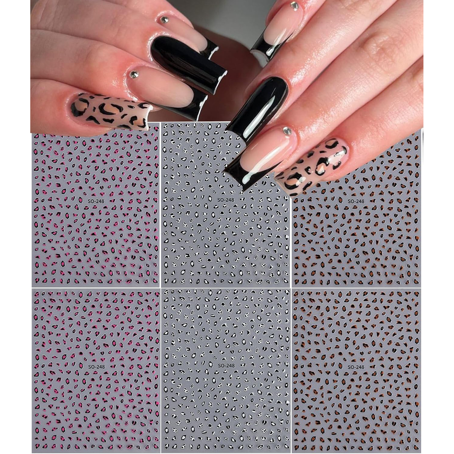 Image of 6 Sheets Leopard Print Nail Art Stickers Leopard Snake Nail Decals Ins Autumn Winter Design 3d Self-adhesive Nail Supplies Leopard Manicure Sticker French Glitter Nail Tips For Women