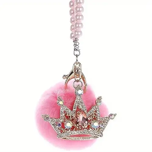 bling car hanging accessories fluffy car hanging ornament pink pom pom crystal with pearl chain car ornaments car rearview charms pink car accessories for women