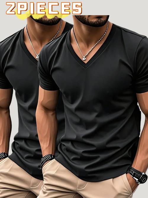 180 cotton 2pcs set mens v neck t shirt solid color short sleeve base layer factory made mens comfortable high quality casual sportswear