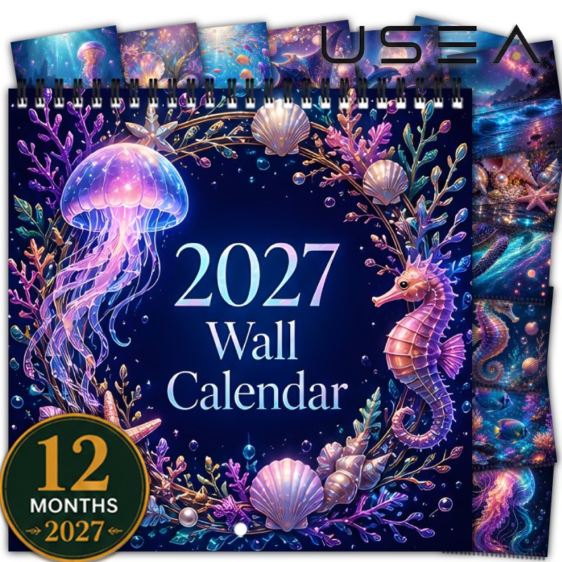 TEMU 2027 Large Wall Calendar With Twin Wire Spiral Binding - Underwater Ocean Theme & Celestial Monthly Planner Suitable For,, Office - Spiral Bound