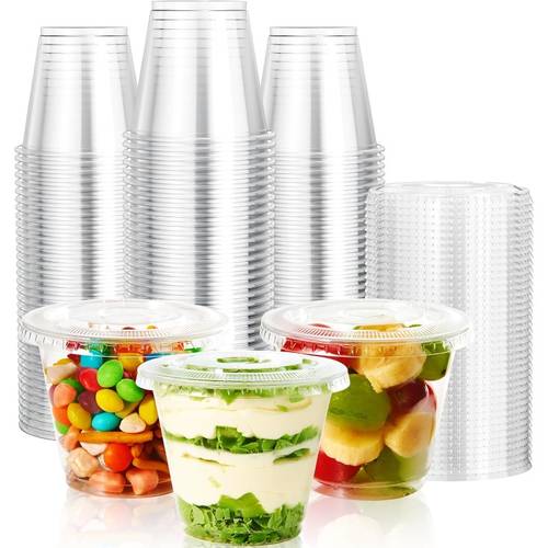 90pcs 45 cups and 45 lids 9oz clear plastic cups with flat lids dessert cake soup cream and pudding ideal for home outdoor parties weddings adult ceremonies and holidays stackable and sturdy