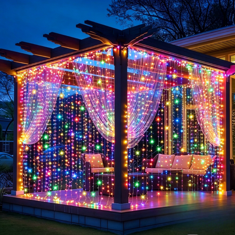 TEMU New Upgraded 350led Solar Colored Curtain Light, 8 Adjustable , Solar Fairy String Light Strip, And Durable Metal Structure, Very Suitable For