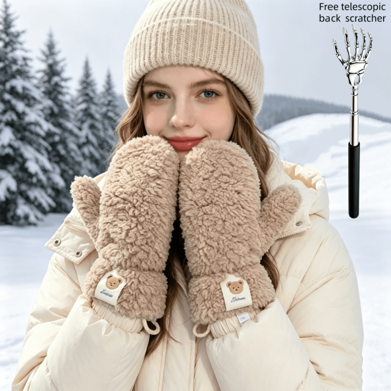 TEMU 2 pièces = 1 paire de moufles ours + 1 grattoir à démangeaisons rétractable en métal, moufles d'hiver ours mignonnes, gants thermiques doublés
