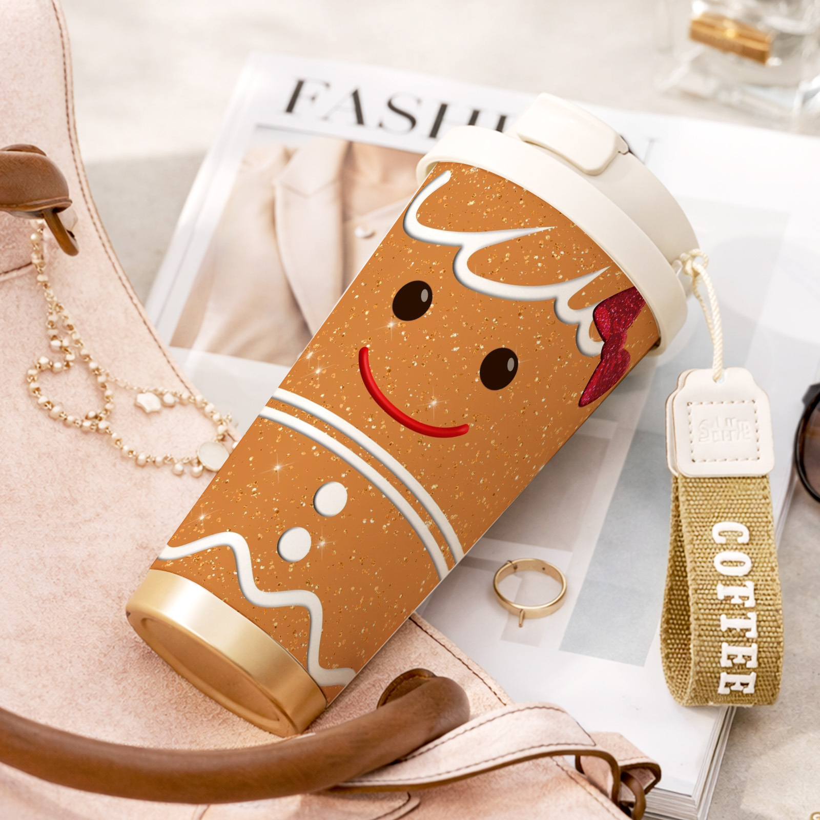 TEMU 1pc 18oz Gingerbread Tumbler With Lid And Straw, Stainless Steel Insulated Coffee Cup, Cute Cookie Print Travel Mug, Portable Water Bottle For