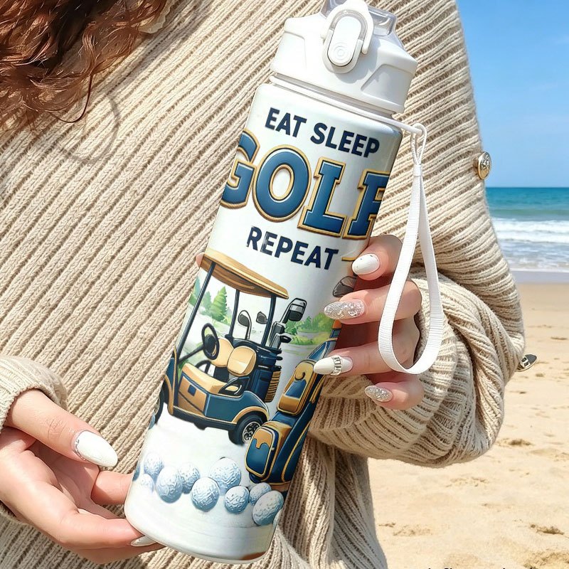 TEMU 25oz 750ml 2d Printed Water Bottle, Pop Top Straw Lid, Portable Carry Lanyard Reusable Travel Drinking Cup. This Illustration Features Golf