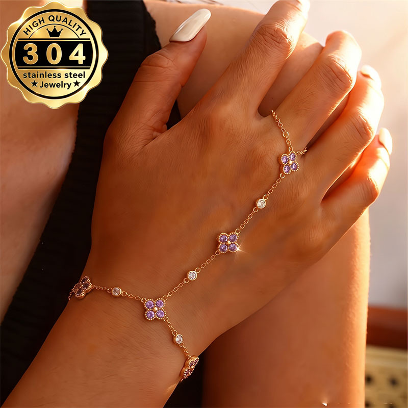 TEMU 1pc Bracelet Chaîne Luxe Léger Floral Incrusté Strass, Acier Inoxydable 304, à l' et Lavable, Design de Chaîne Délicat, Vêtement de Fête, Port