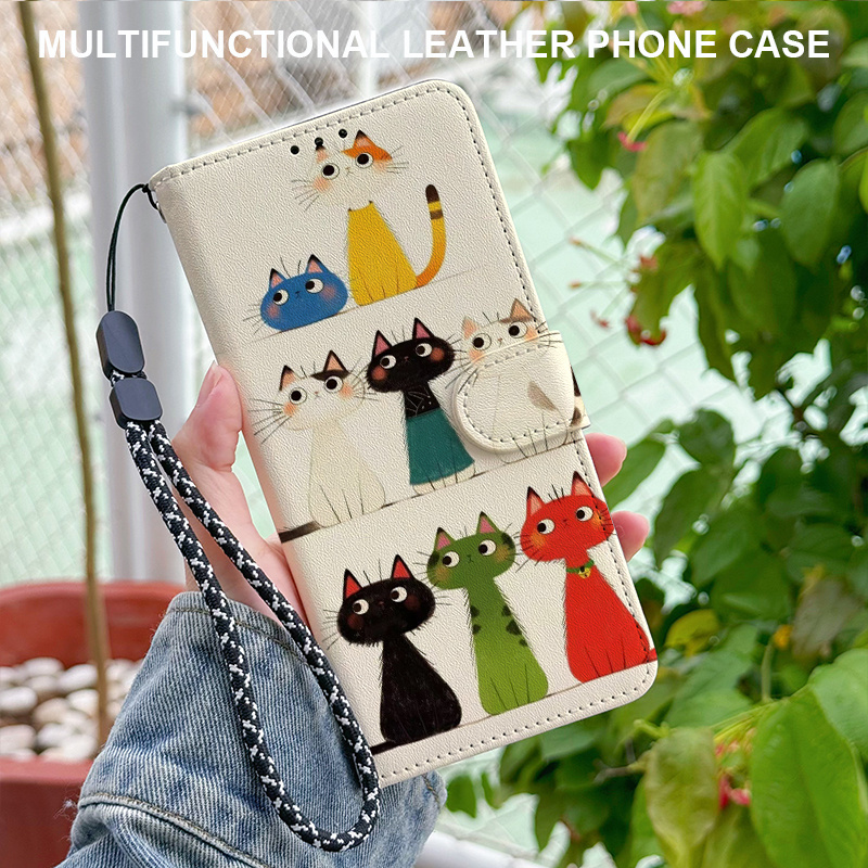 TEMU Phone Case: Magnetic Flip Wallet Phone Case With Stacking Cat Pattern, Card Slot, Lanyard, And Foldable Stand, Compatible With Iphone 17/17