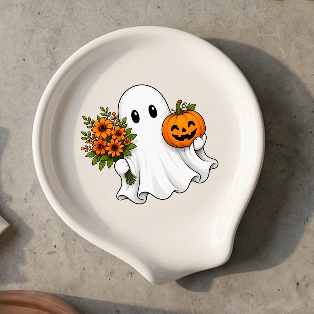 TEMU Joli porte-cuillère en céramique avec citrouille et fleurs, décoration de cuisine d'Halloween, cadeau de cuisine d'automne amusant pour femmes,