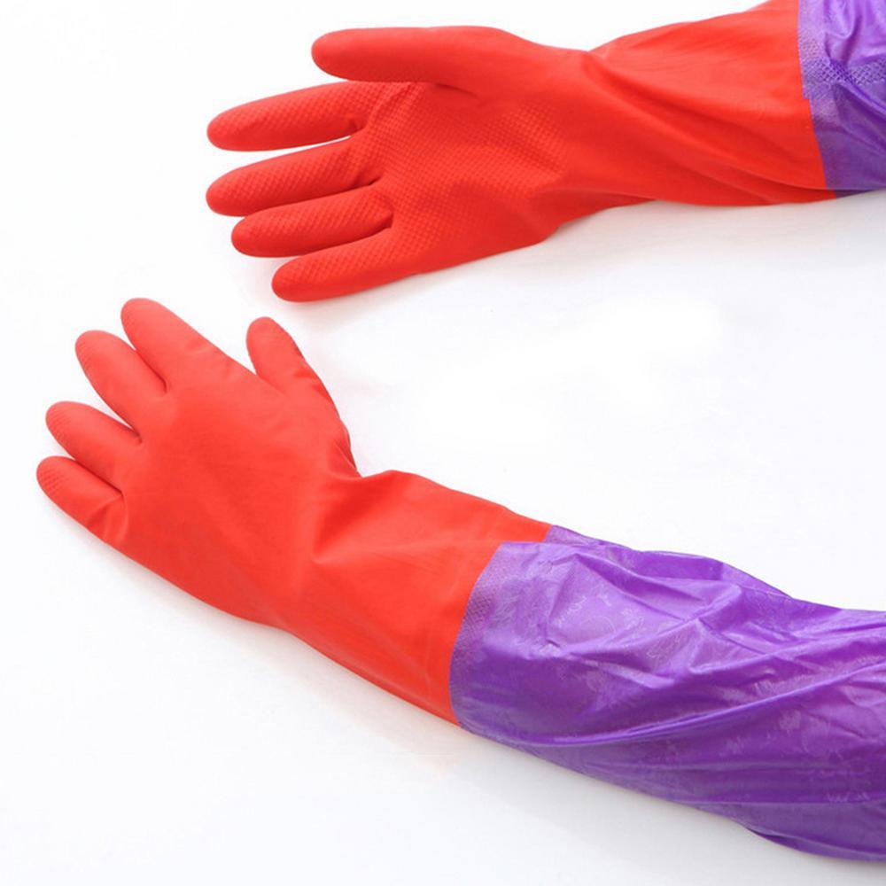 1 pair waterproof pet rubber gloves with fleece lining lead free long sleeve thickened household cleaning gloves for kitchen bathroom toilet car patio   winter proof   details 3