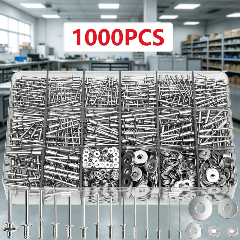 TEMU Kit d'assortiment de 1000 rivets Pop, 14 tailles de rivets Pop (3/32" 1/8" 5/32" 3/16" 1/4") avec 5 rondelles de retenue de différentes tailles,