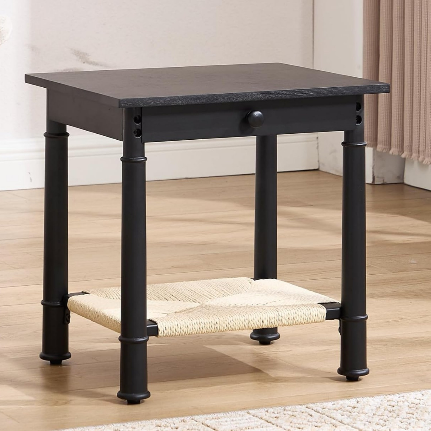 1pc 18 Inches Classical Square Side Table with Drawer 2-Tier End Table with Open Rattan Storage Shelf Solid Wood Sofa Table for Small Space, Living Room, Bedroom, Natural/ Black