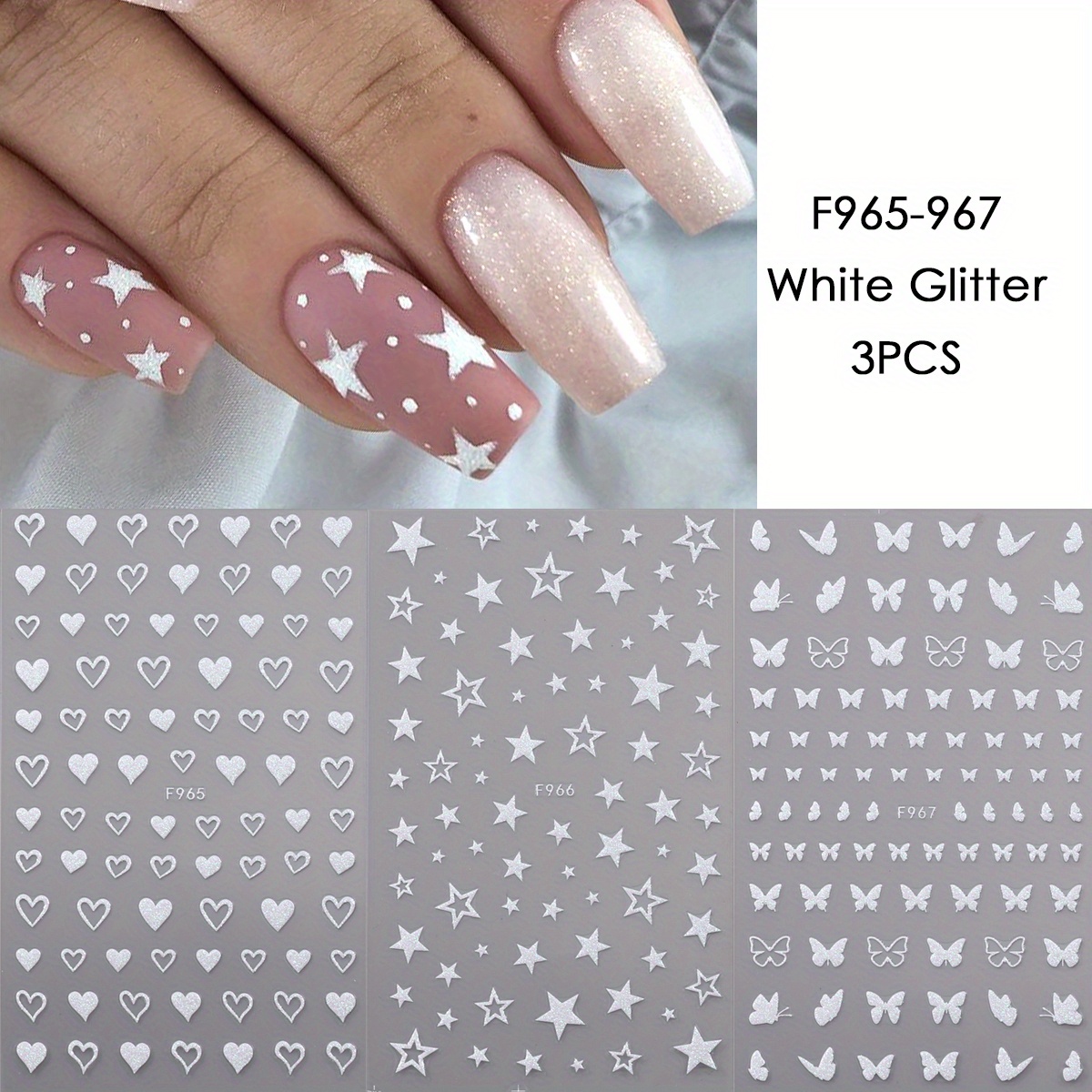 3 Sheet Glitter Holographic Nail Stickers Shimmer White Design 3d Decals Sliders Kawaii Theme Decoration Manicure For Women And