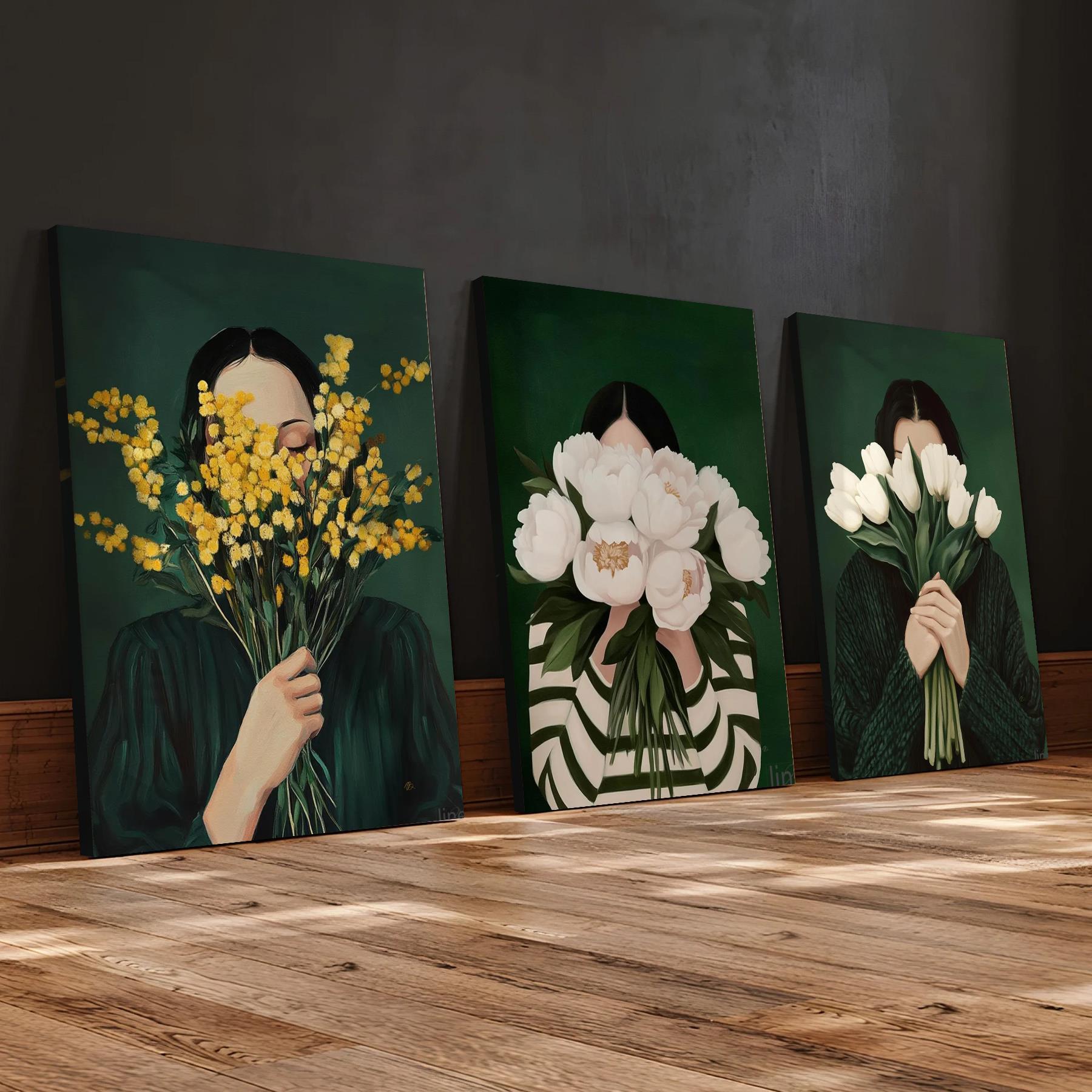 3pcs of wood frame canvas print decorative painting emerald green abstract people art minimal japandi stripe female abstract painting     painting abstract   prints interior home wall decoration ar