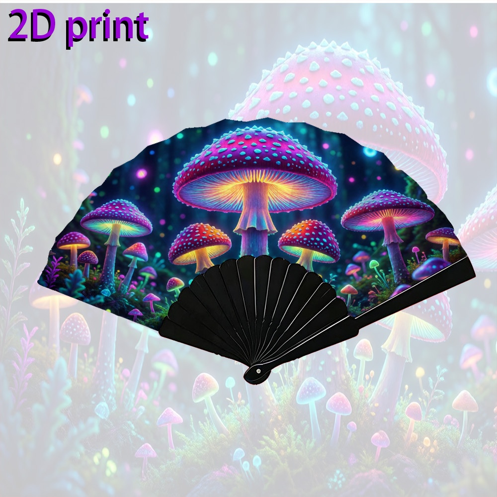 TEMU 2d Flat - 7-inch Folding Fan Men Women 2d Neon Fantasy Mushrooms An Artistic Handheld Fan In Western Style, Suitable For Parties, Music