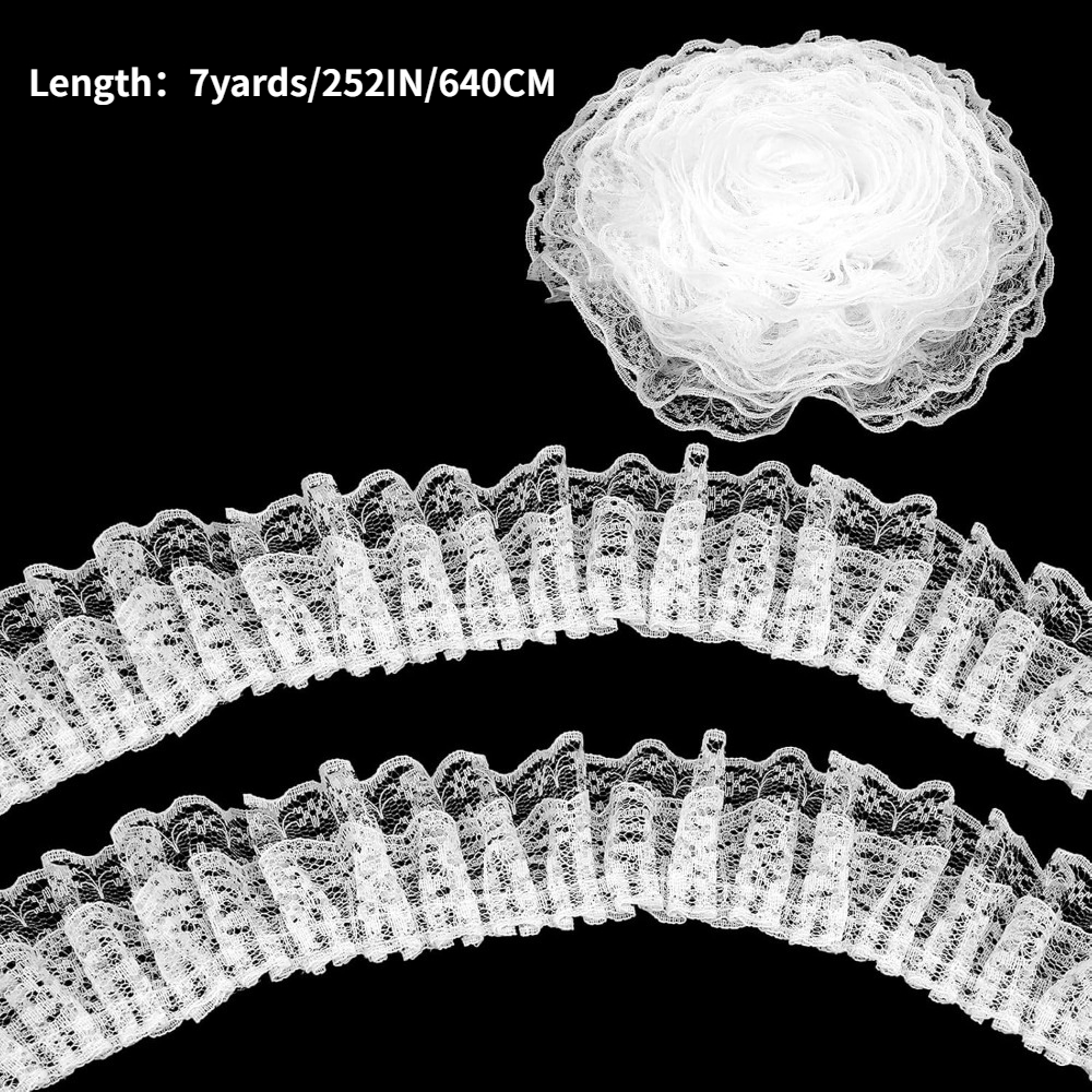 TEMU 7 mètres de bordure de dentelle à volants blanche, ruban de dentelle plissée pour vêtements et mariage