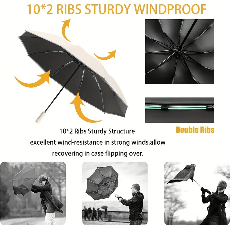 simple and stylish 1pc fully automatic enlarged womens folding umbrella windproof sunscreen uv protection 10 rib structure single color reverse opening and closing reflective strip design suitable for daily   travel heavy duty windproof umbrella suitable for all weather   details 7