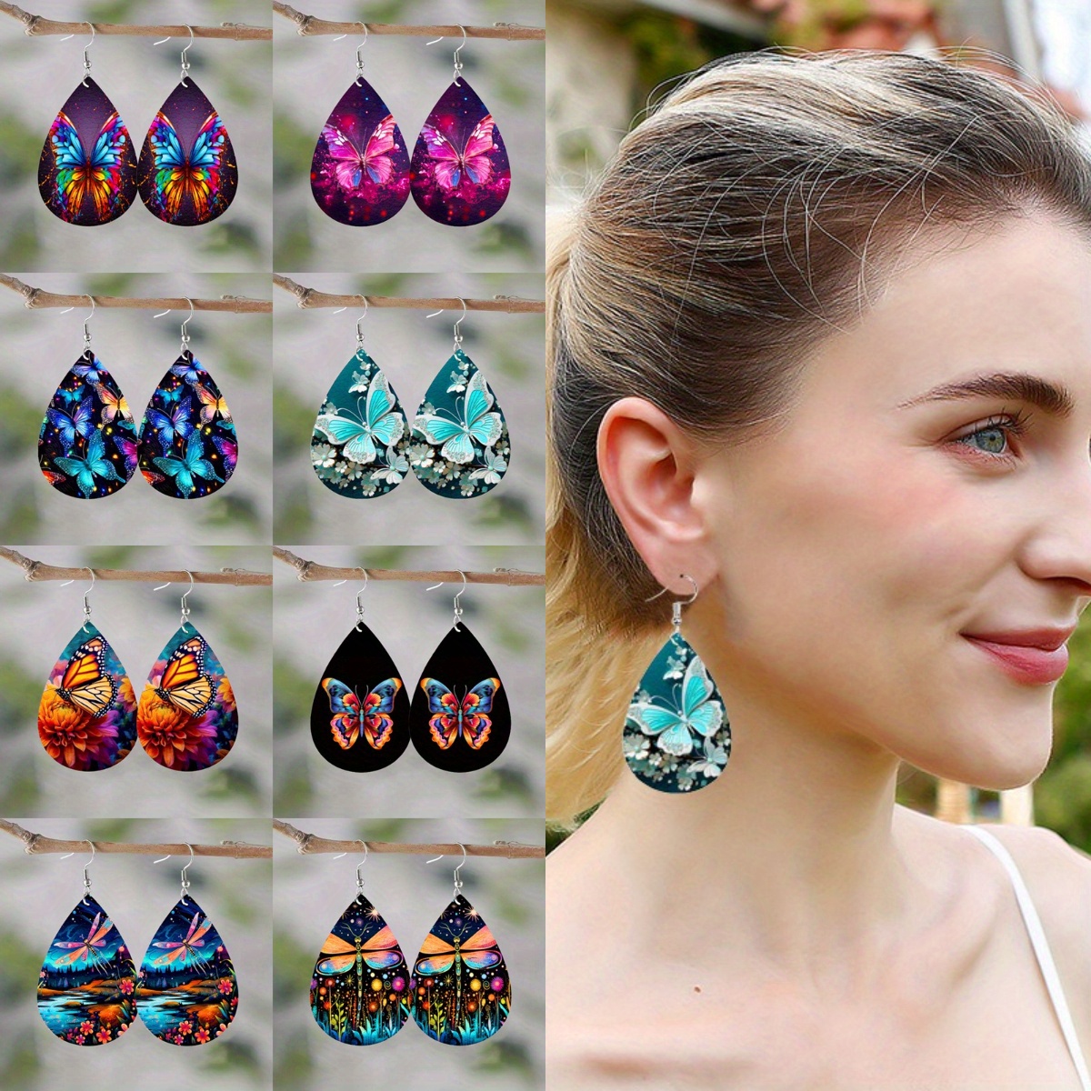 

8 Of Pattern Drop Shaped , Pu , Double- Printed / Pattern Insect Jewelry For Ladies, Unique