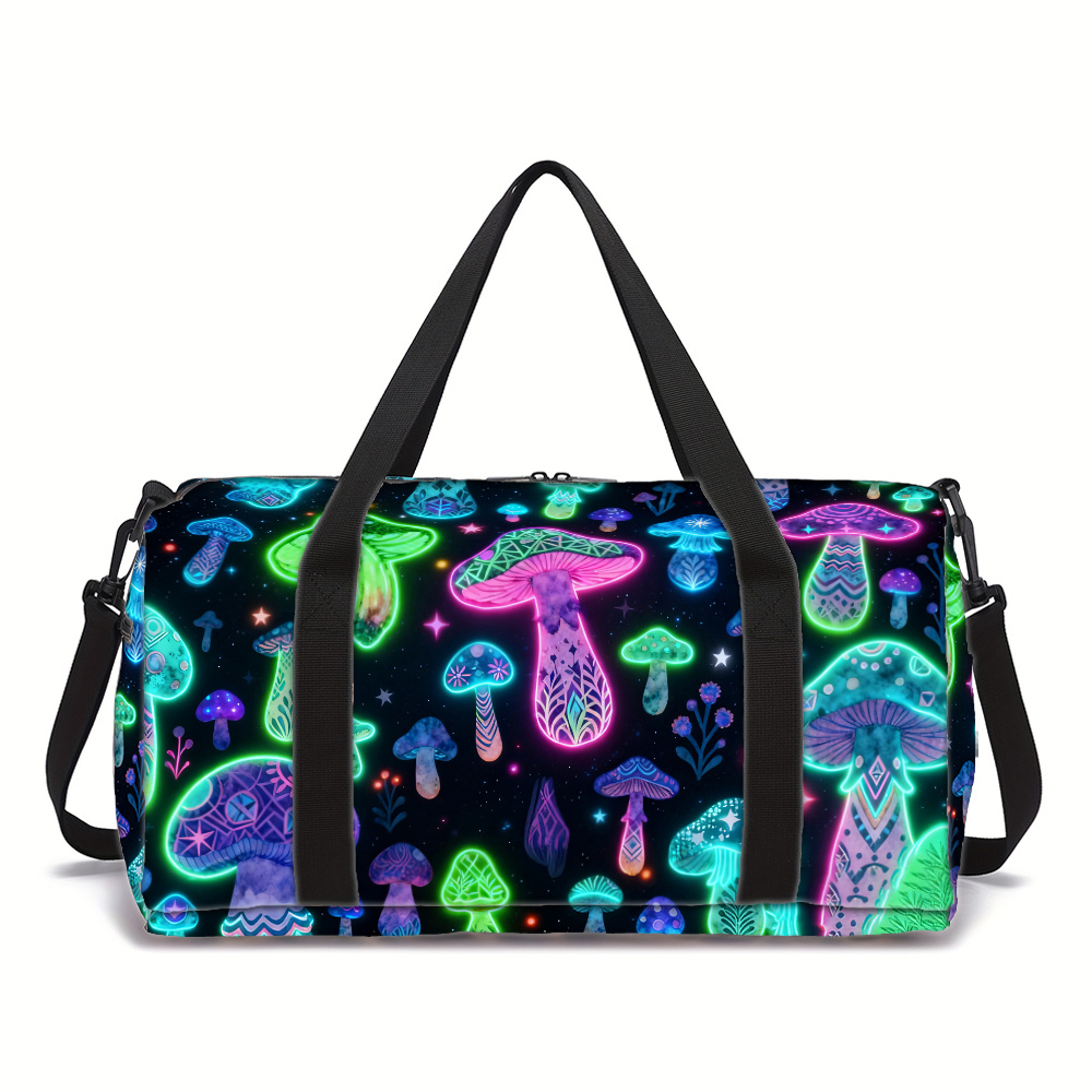 TEMU Neon Mushroom Pattern Men's And Yoga Bag, Smooth Polyester Fabric, Machine Washable, Holiday Gift, Travel Bag, Clothing Storage Bag, For To