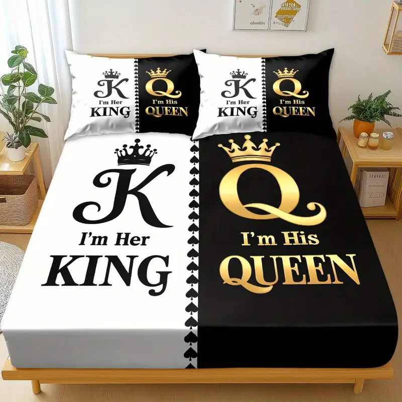 king queen print bedding set 3pcs soft cozy non slip lightweight fitted sheet with elastic corners and matching pillowcases fashion forwad decorations for dorm bedroom apartment hotel idea for christmas birthday gifts Product details 1