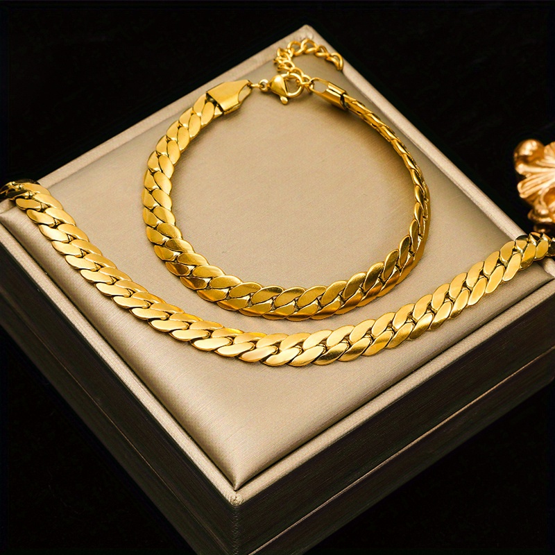 TEMU 2pcs Steel 18k Golden Plated Golden-plated Jewelry Set, Minimalist Hip-hop Style Cuban Link/fishbone Chain Necklace + Bracelet, Adjustable Chain
