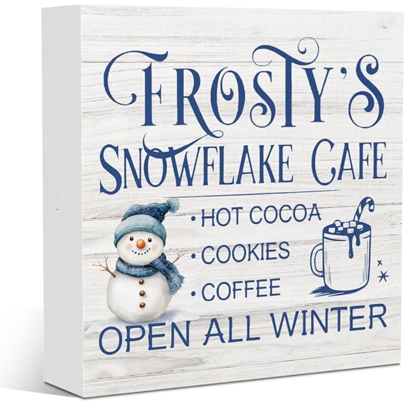 TEMU 2d Flat - 2d Design Featuring A Winter Wooden Box Decoration - "'s Snowflake Cafe" Snowman Menu Design, 5x5 Inch Wood Ornament