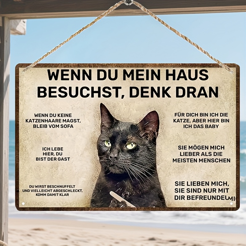 E-shop 2D Flat - Ein flaches 2D-Eisenwand-Schild mit einem schwarzen Katzen-Design und sentimentalisierten deutschem Text, Maße 20,32 x 30,48 cm. Diese