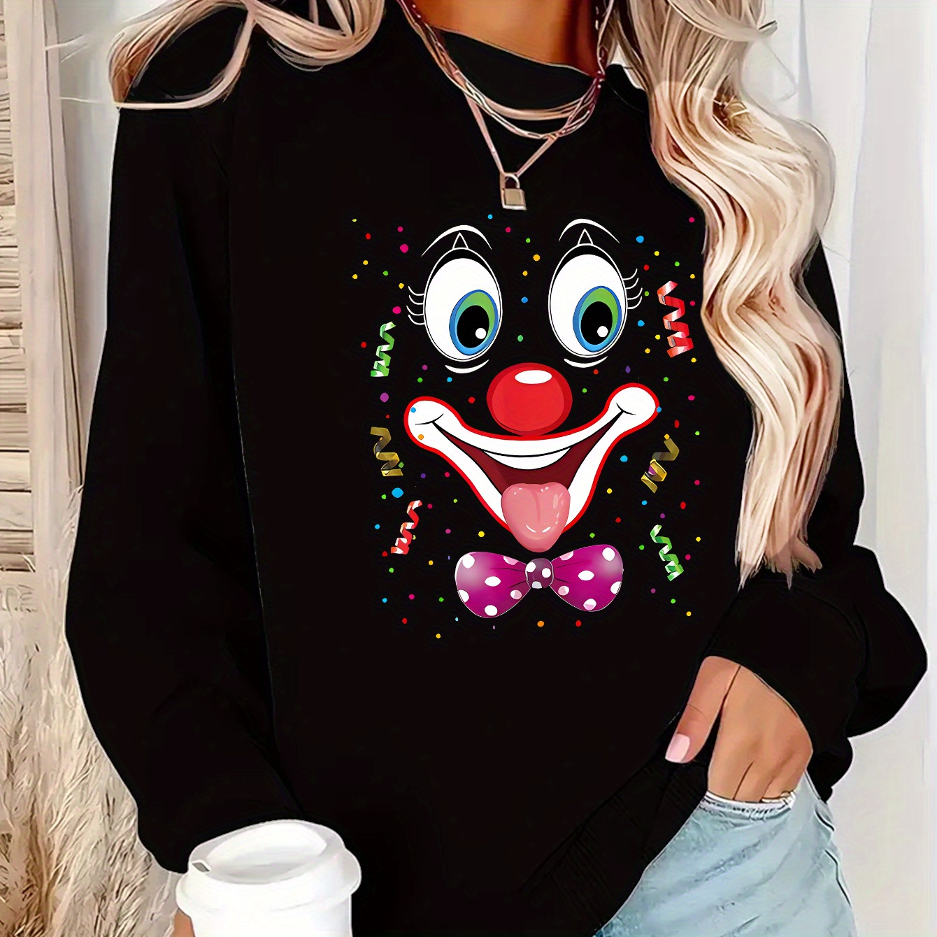 

Elegant Y2k-inspired Carnival Graphic Crew Neck Sweatshirt - Casual Long Sleeve Pullover With Fleece , Machine Washable