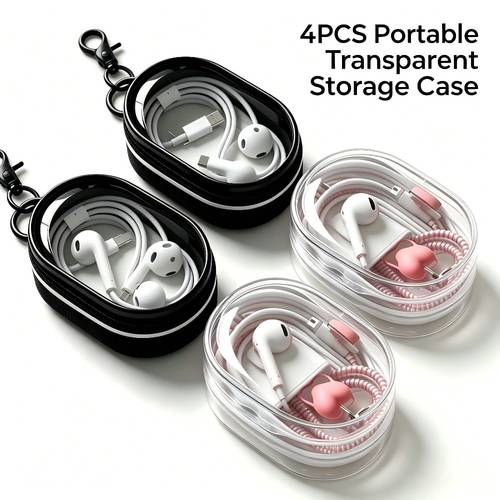 4pcs portable transparent zipper storage bag mini oval charger earbud organizer pouch waterproof cable cord storage case with keychain hook for use
