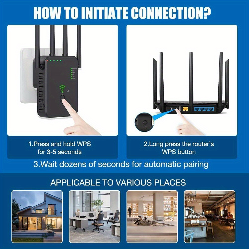 WiFi Extender, Signal Amplifier, Repeater, Router, Signal Booster, Easy to Set Up, 1200Mbps, Dual Band 2.4G/5G, 4 Antennas, 2 LAN Ports, Suitable for Home, Office