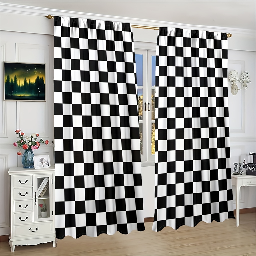 TEMU 2d Flat, 2pcs Racing-themed Checkered Curtains Suitable For Bedroom & Living Room - Semi-sheer Rod Pocket Window Panels With Black & White