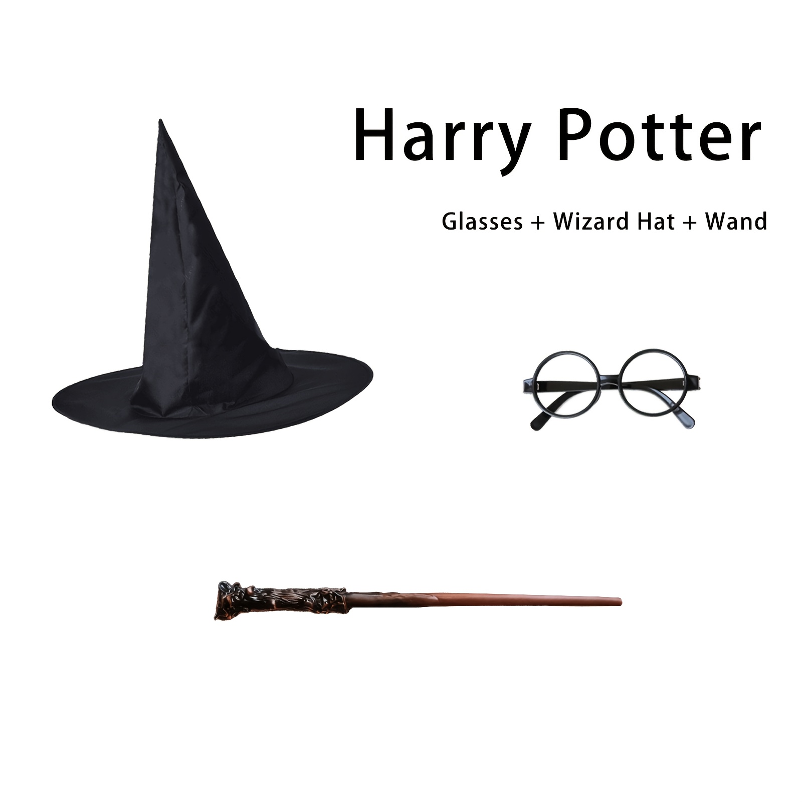 TEMU 3pcss Wb Harry Potter Series Glasses, Wand And Wizard Hat 3pcs Set, Magical Dress-up, 7 Characters Optional, Suitable For Cosplay, Party Wear,