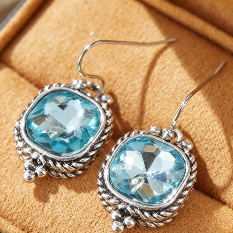 TEMU Retro Earrings Set With Blue Synthetic Zirconia, Suitable For Daily And Party Wear, Versatile Throughout The Year