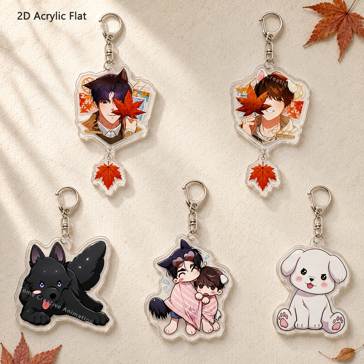 TEMU 2d Flat, 2-d Flat 5pcs Set Korean Manga Acrylic Keychain, Cute Black And White Puppy Anime Keychain Pendant Charm, Gift For Collection, 2d Flat