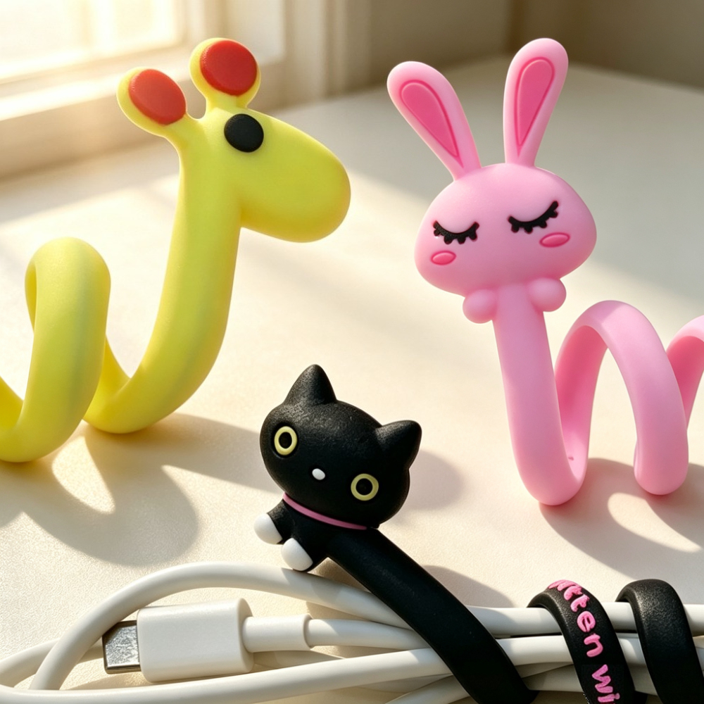 TEMU 3pcs Cute Animal-shaped Cable Organizers - Multi-functional Data Cable, Computer Cord, And Headphone Cable Winder - Black Plastic Cable , Cable