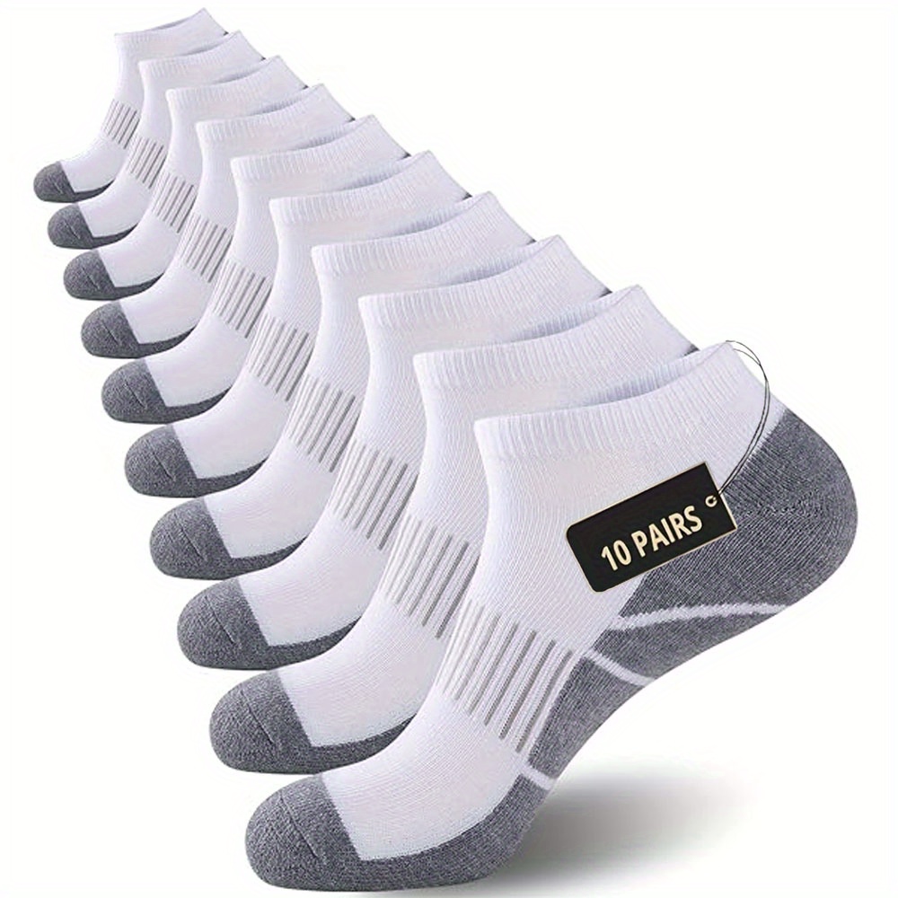 10 pairs of mens low top casual socks breathable and padded for     toe and heel elastic rib design solid color black white for daily wear cushioned and  able socks