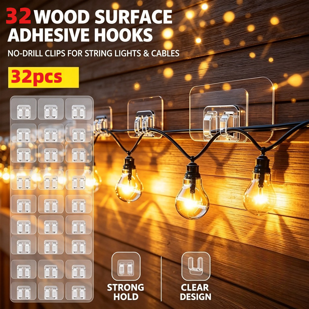 TEMU 32 ganchos autoadhesivos transparentes de resistencia, ganchos de pared de plástico duraderos sin taladro para luces de cadena de exterior,