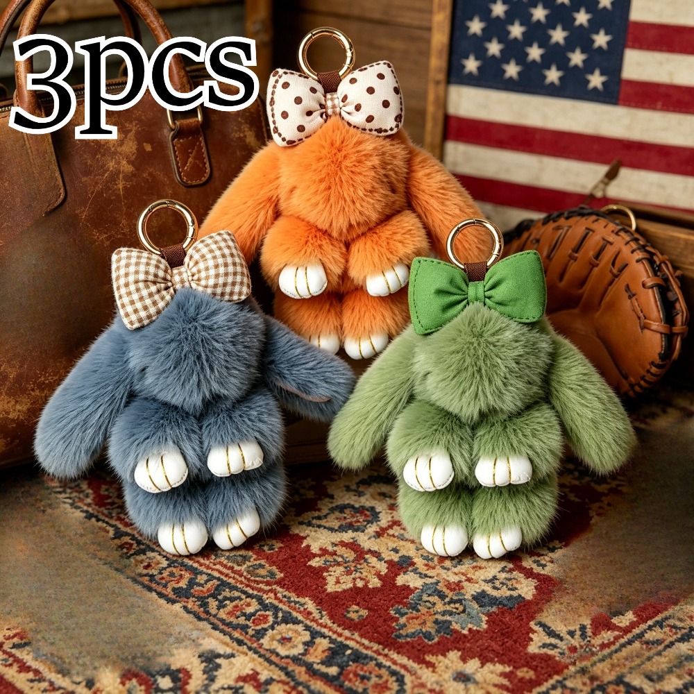 TEMU 3pcs Set/cute Fluffy Rabbit Keychain With Bow, Soft Plush Rabbit Bag Pendant, Adorable Charm, Suitable For Women, Great Valentine's Day Gift