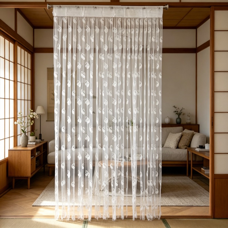 Image of 1 Bohemian-style Door Curtain, In Golden And White, Sheer Curtain Panels, Rod-pocket Mesh Door Curtain, Tassel Partition Curtain, Thread Curtain, Window Screen, Semi-sheer For Privacy Protection