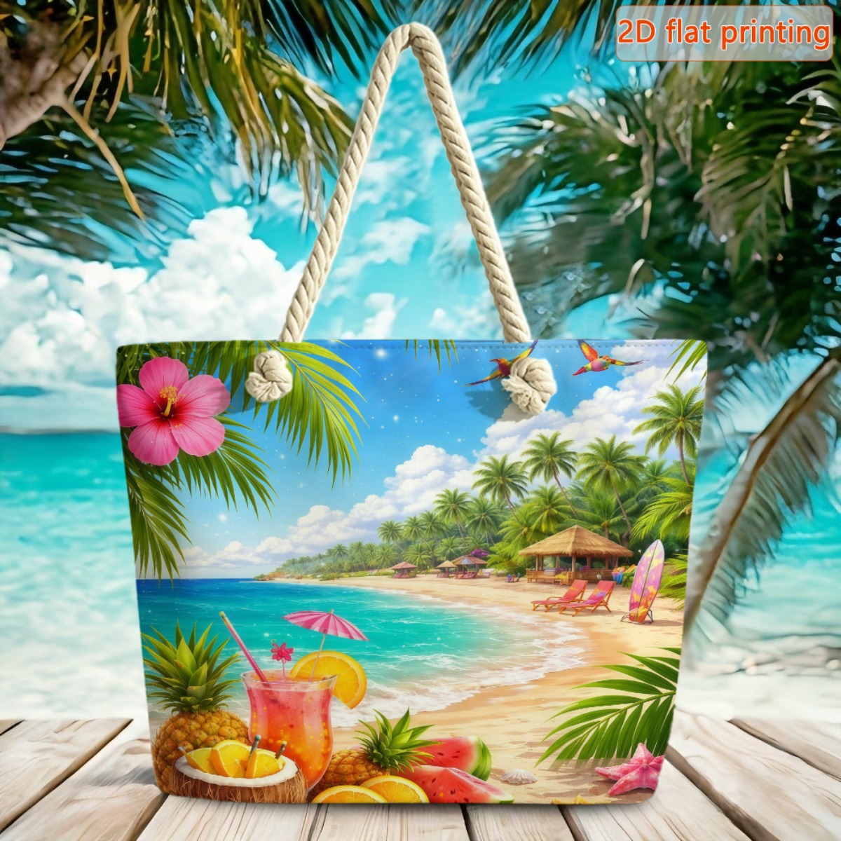 TEMU 1pc 2d Flat Women's Large Capacity Travel Tote Bag, Tropical Beach Vacation Printed Pattern - Fiber Beach Bag, Double Comfortable Handles And