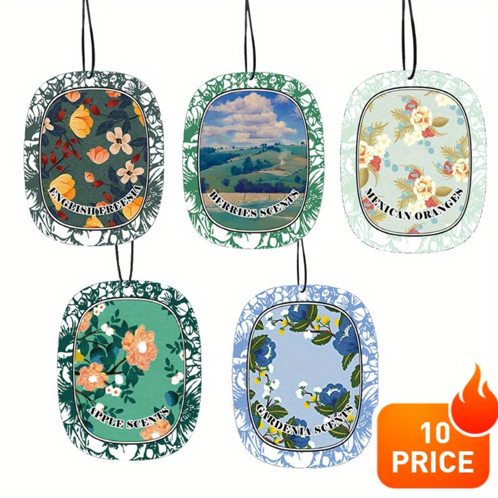 

A Set Of 10 Assorted Scented Car Air Fresheners, Including Scented Paper Charms And Decorative Items For The Car Interior, With No Specified Capacity.