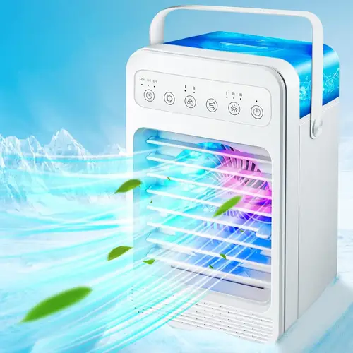 4 in 1 portable air cooler with humidifier fan evaporative cooling 3 led lighting 600ml capacity leakproof design ideal for desk office or home use personal cooling device sleek lightweight cooler
