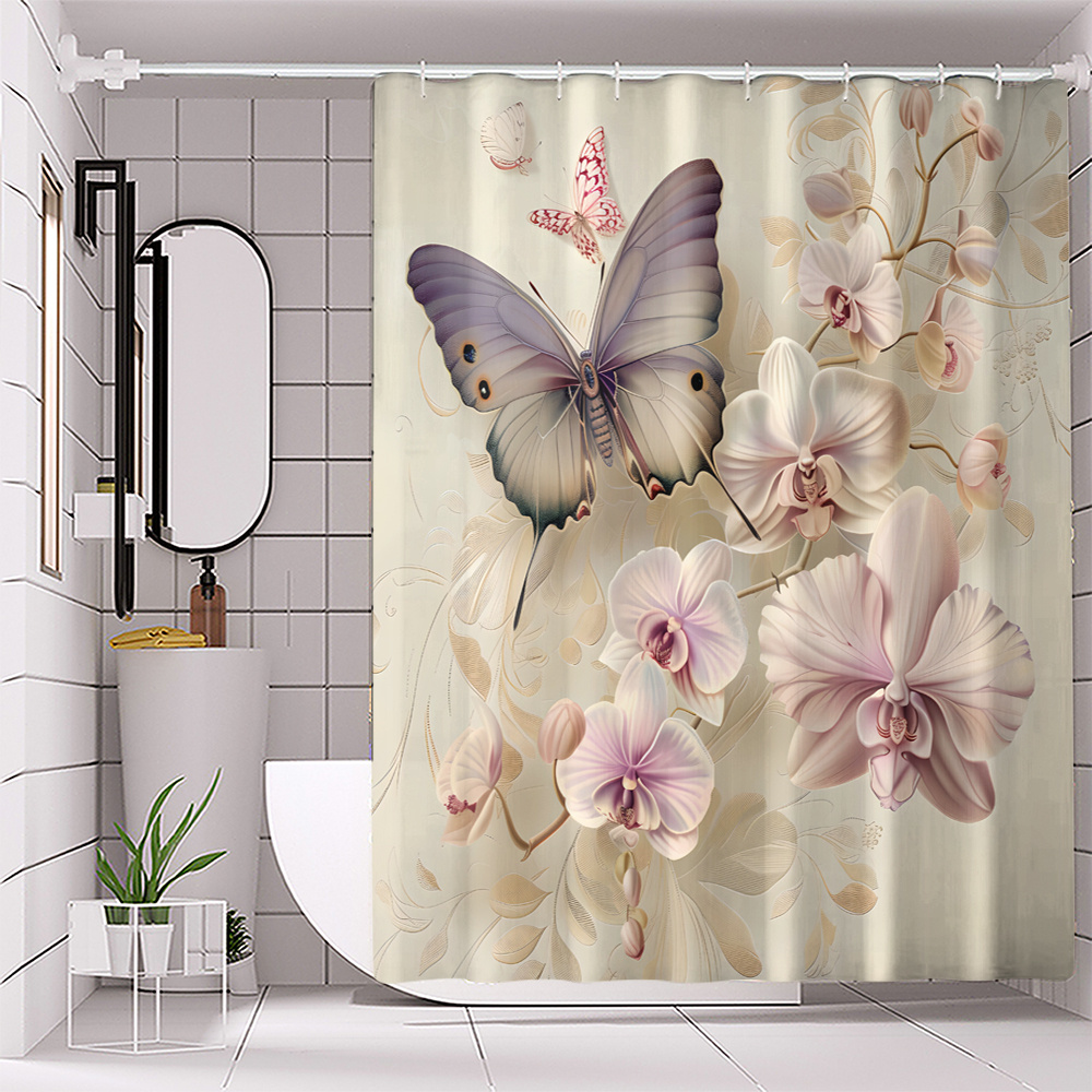 

Waterproof Purple Print & Shower Curtain - , Machine Washable Polyester Bathroom Decor With Hooks Included, Shower Curtain Sets For Bathrooms