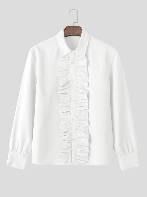 mens lapel shirt men stylish ruffle design lapel long sleeve front buttons loose thin street hippy party lightweight leisure shirt