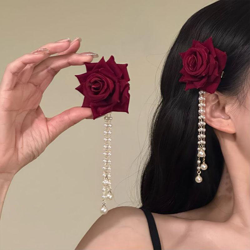 TEMU 2pcs Red Rose Tassel Hair Clips Women Niche Side Bang Clip Fashion Hairpin Accessory Perfect Gift For Women, Suitable For Valentine's Day And