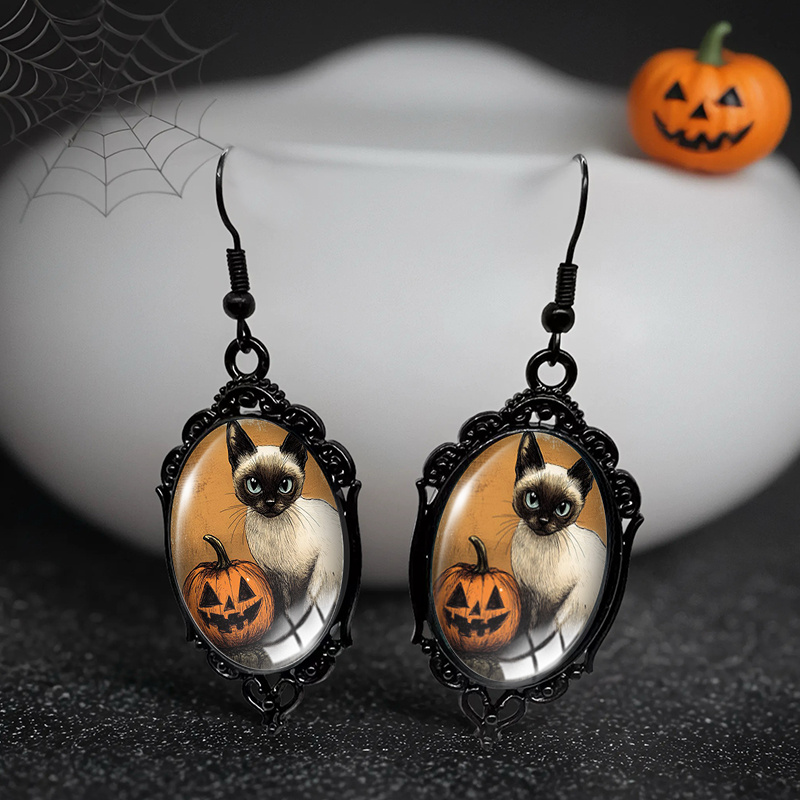 TEMU A Pair Of Handmade Oval Earrings Featuring Black Lace And Siamese Cats, Perfect As A Gift, Without Battery