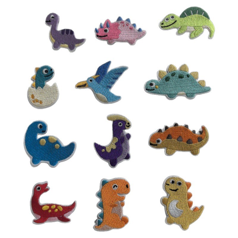 Image of 12pcs Dinosaur Pattern Embroidered Fabric Patches, Rex, , , Triceratops Dinosaur Series Applique Stickers, Whimsical Clothing Decor | Whimsical Dinosaur Design | Fabric Patches