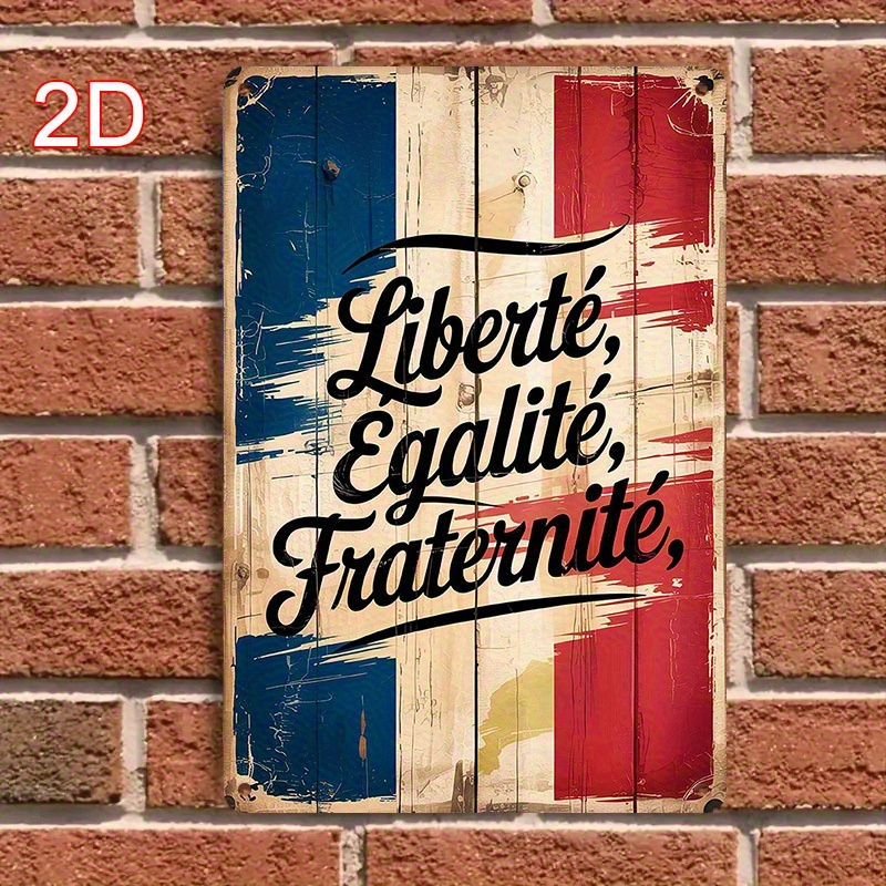 TEMU Art mural plat 2D - Plaque 2D - , Égalité, Fraternité, style vintage français - Fer rustique avec décoration à rayures bleues/rouges/blanches,
